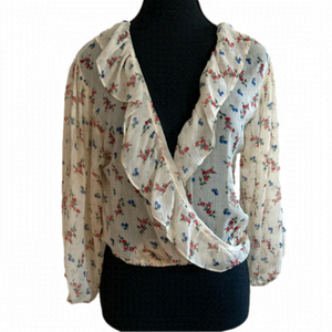 URBAN Outfitters cream floral print ruffle detail faux wrap peasant top.…